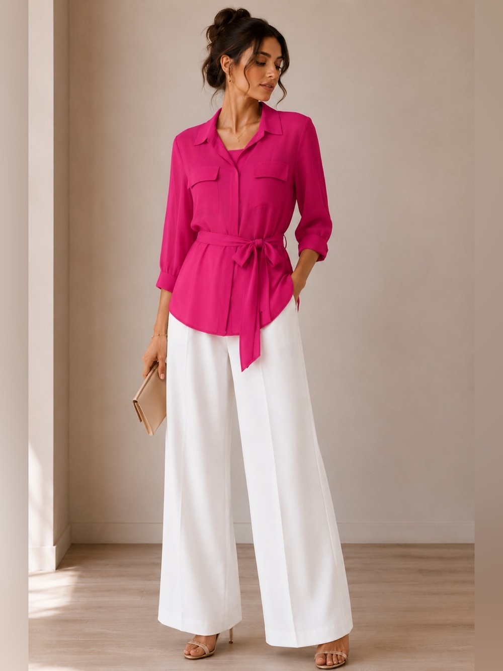 Investments Sheer Hot Pink Belted Shirt Blouse